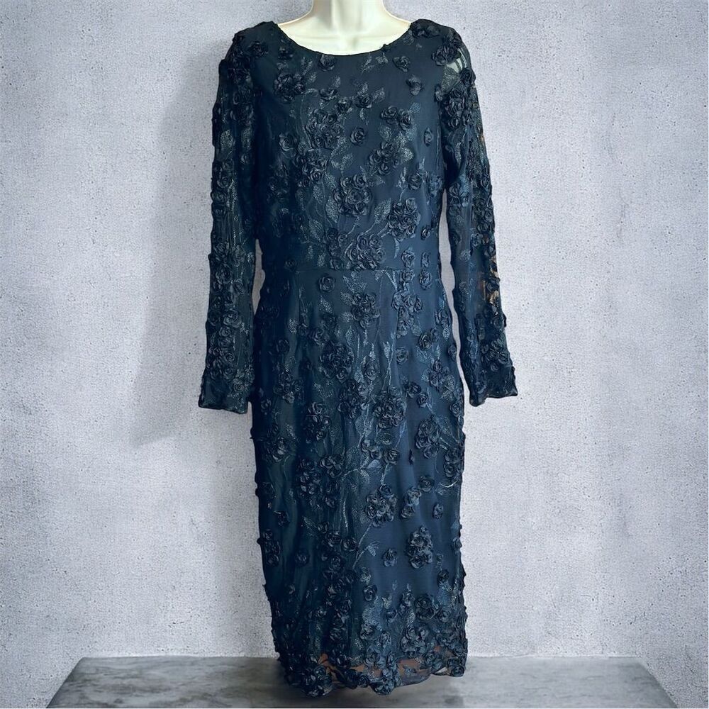 Aqua Formal Elegant Black Rose Floral Ribbon Embroidered Midi Gown Dress